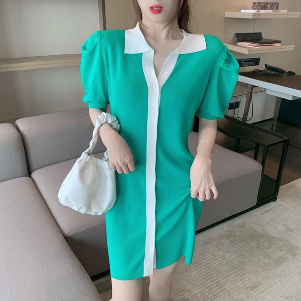 

party dresses french high design sense puff sleeve knitted dress women elegant green jurk kleid robe, White;black