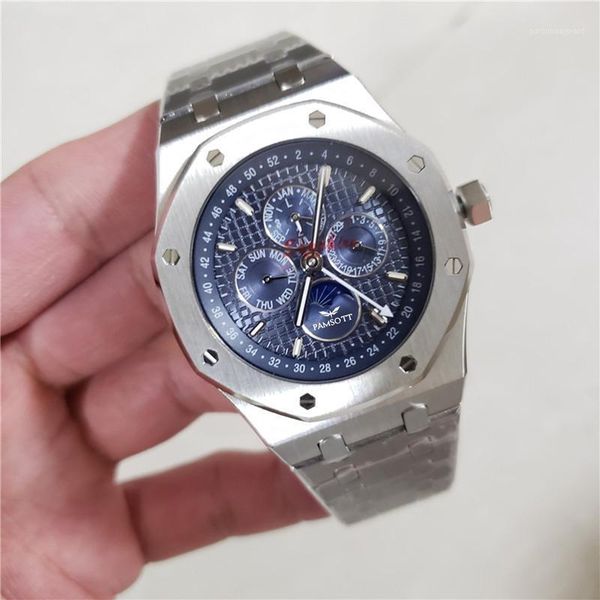 

wristwatches men automatic self wind mechanical black silver stainless steel blue dial sapphire crystal gold luxury watch, Slivery;brown