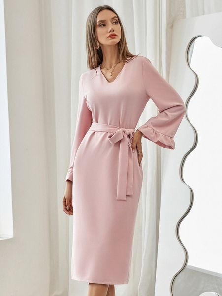 

solid v-neck flounce sleeve belted dress r6ow#, Black;gray