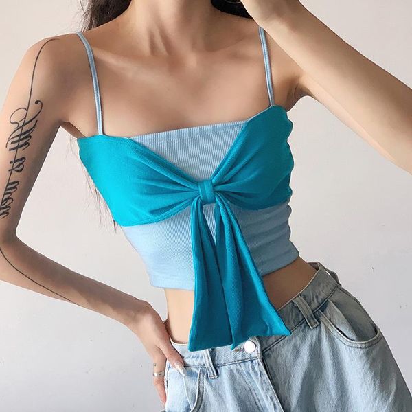 

women's tanks & camis women summer cute sweet bow bandage rib knit camisole blue patchwork color wrap chest beach bathing corset sleeve, White