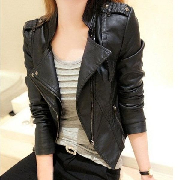 

women's leather & faux 2021 autumn winter korean locomotive pu biker jacket rivet clothes gothic black long coat women ladies coats