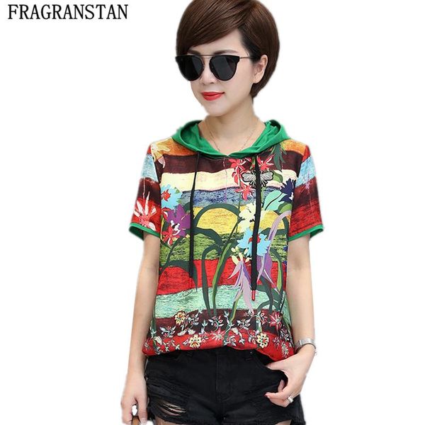 

women's t-shirt female 2021 summer bohemian chiffon women hooded short sleeve loose plus size brand printed tshirts s-3xl ly466, White