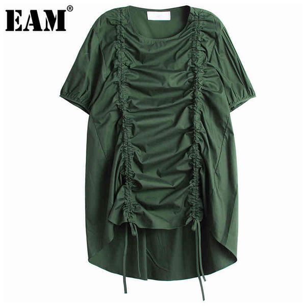 

[eam] women green drawstring big size irregular dress round neck half sleeve loose fit fashion spring summer 1dd7788 21512, Black;gray