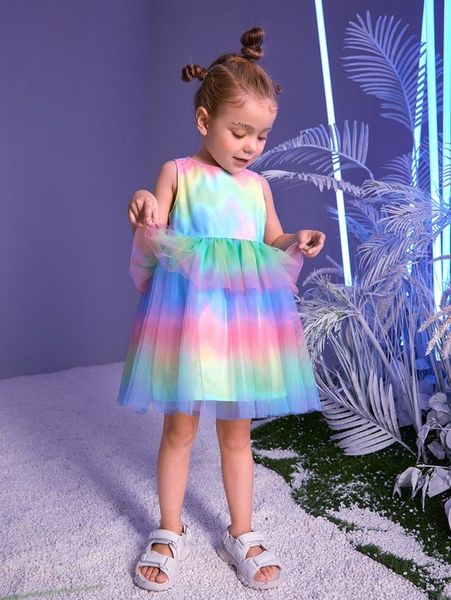 

toddler girls ombre print contrast mesh ruffle hem dress she, Red;yellow