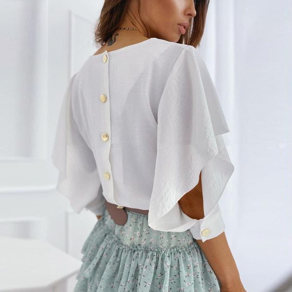 

spring summer 2021 trendy v neck blouse shirts elegant office lady back metal buttons casual women batwing sleeve blusa 2xl women's bl, White
