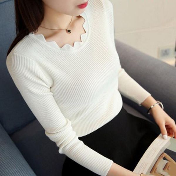 

women's sweaters fashion winter long sleeve sweater bottom slim women knit korean pullover lotus leaf collar woman, White;black