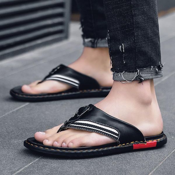 

slippers summer breathable men's sandals soft leather fashion casual shoes comfortable flats man roman style beach, Black