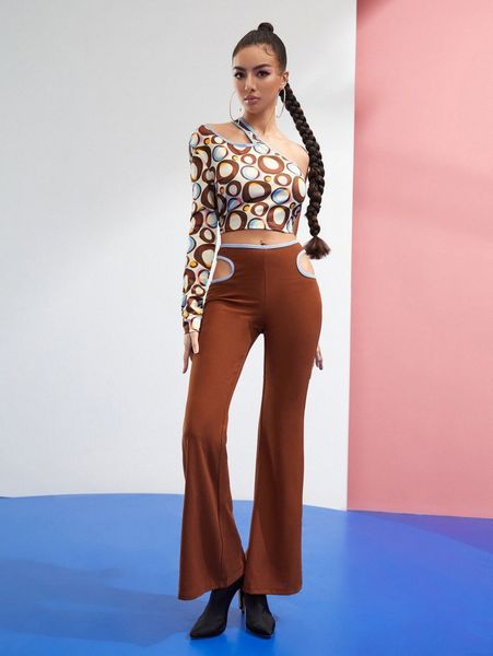 

x gina marie geo print cut out one shoulder & flare leg pants d9jo#, White