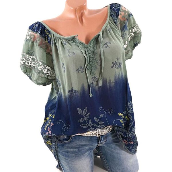 

plus size 2021 summer women short sleeve v neck lace floral print blouses shirts fashion casual blusas women's &, White