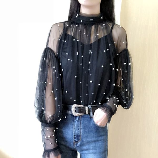 

spring beading mesh blouses women sweet lantern sleeve pearls gauze blouses ladies elegant shirt stand collar chiffon s-2xl, White