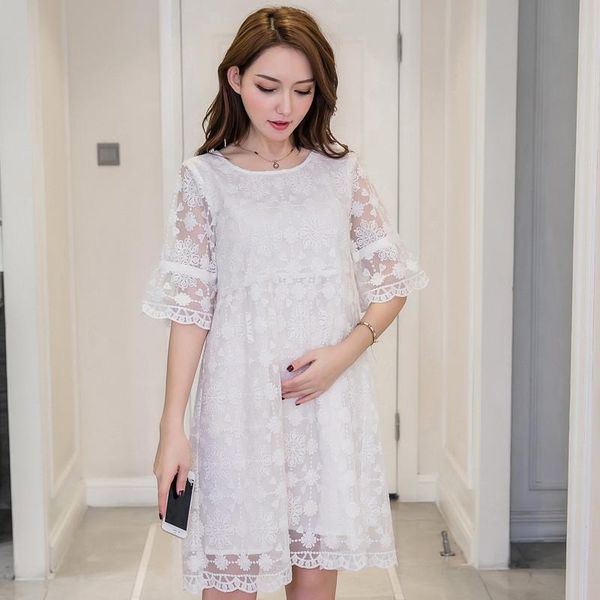 

maternity dresses 2021 summer lace pregnant woman clothes short sleeve sundress for women, White