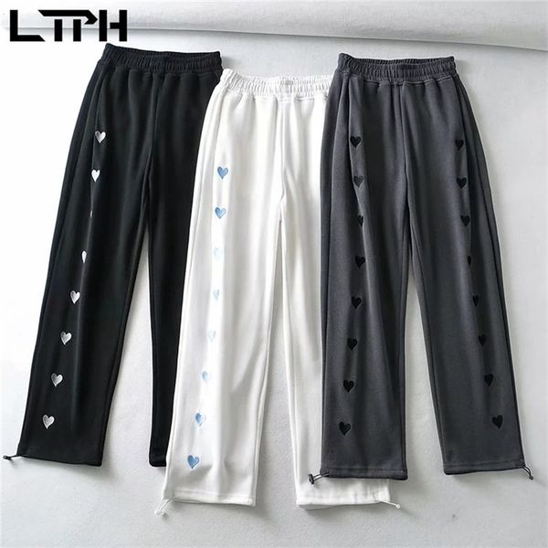 

ltph loose straight trousers love embroidered drawstring sweatpants casual pants women high waist female pant spring 210423, Black;white