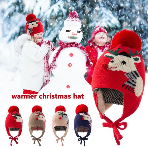 

caps & hats knitting kid lovely fashion children pompom knit beanie scarf sets boys girls warm christmas elk printed, Yellow