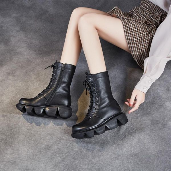 

boots yourseason plush ladies genuine leather shoes winter warm lace up handmade casual platform 2021 women zip wedges, Black