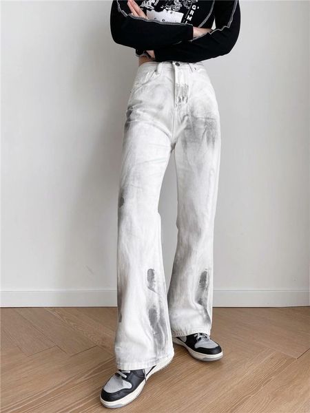 

women's jeans women high waist 2021 summer harajuku tie dye print loose wide leg long pants straight baggy denim trouser streetwear, Blue