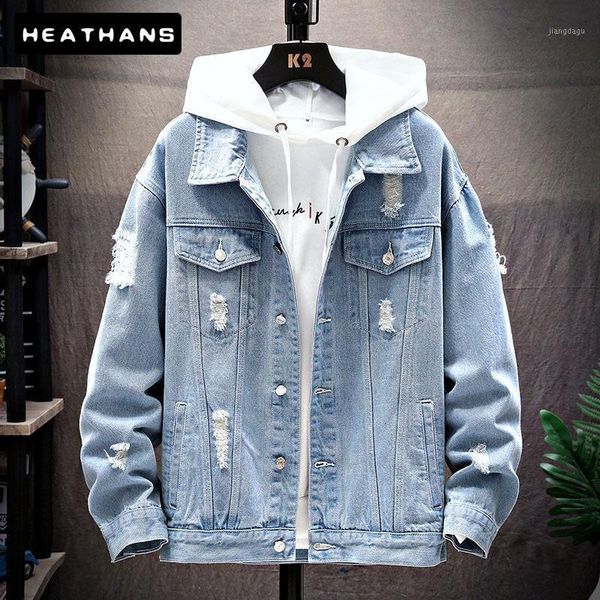 

hole denim men jackets spring blue korean casual men's veste homme autumn clothes holed mens jacket turn-down collar solid color, Black;brown