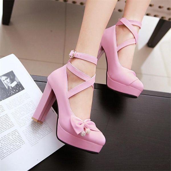 

lovely bowtie platform high heels shoes pumps cross strap ladies pink purple beige large size spring 2021 dress, Black