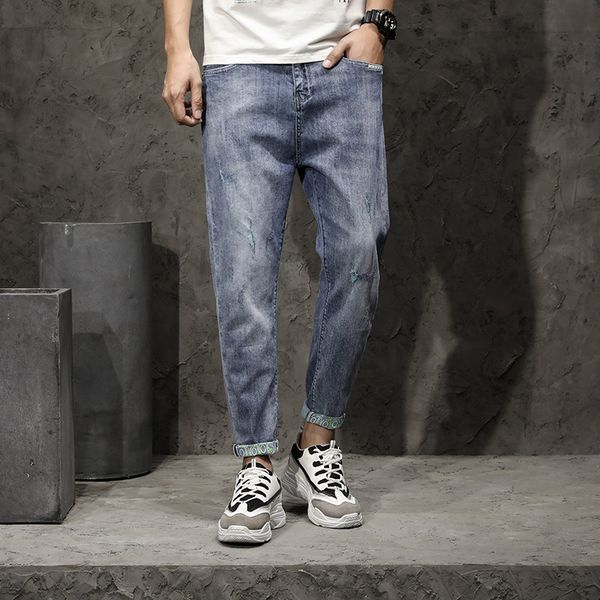 

jeans men's fashion casual stretch slim print straight, Blue