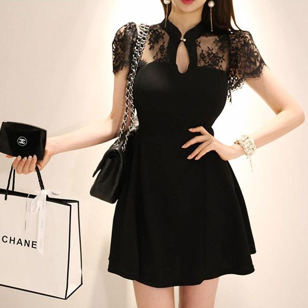 

casual dresses cinessd lace dress for women summer black hollow out backless splice plus size vestidos ladies loose mini a line party, Black;gray