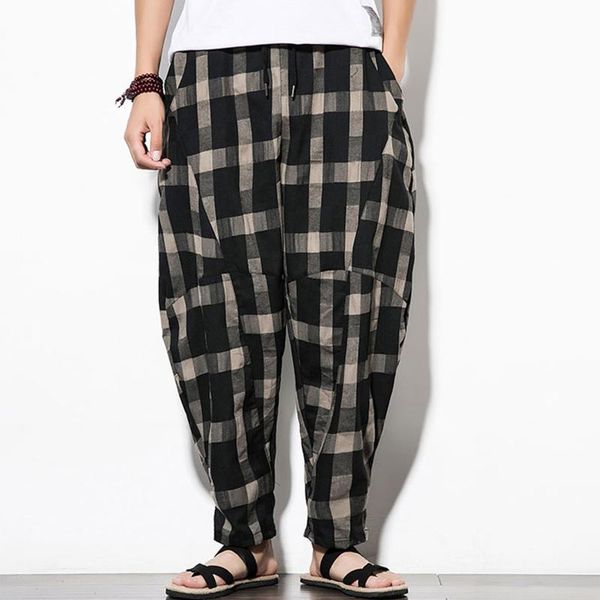 

men's pants wide 2021 autumn plaid casual loose wide-leg lace-up fashion harajuku streetwear trousers, Black