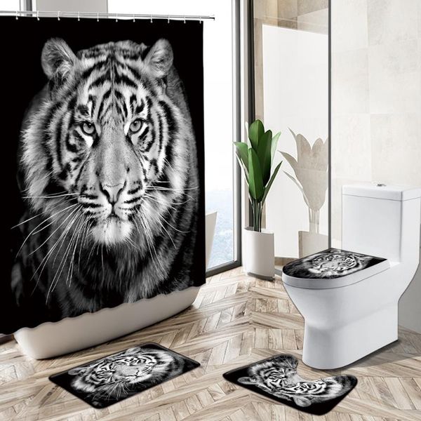 

tiger lion zebra portrait printed shower curtain wild animal black background design pedestal rug toilet cover bathroom deco set curtains