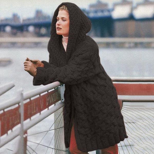 

women's wool & blends hooded knitted sweater women elegant candy colors oversized cardigan ladies winter loose long sweaters streetwear, Black