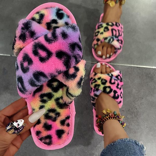 

slippers 2022 women autumn and winter indoor fuzzy female leopard plush house flat with slipper, Black