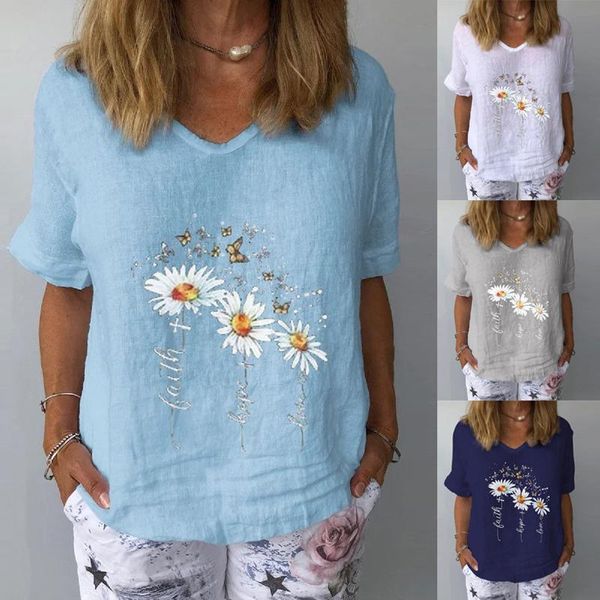 

summer fashion young women's shirt loose print v-neck t-shirt casual short sleeve s-3xl, White
