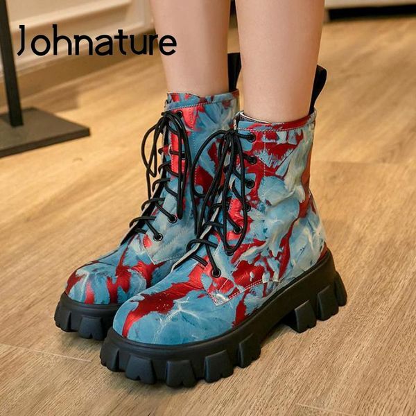 

boots johnature ankle women genuine leather shoes lace-up 2021 print round toe winter sewing handmade leisure platform, Black