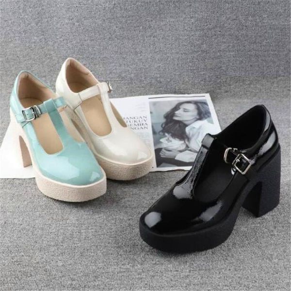 

dress shoes increased platform women's spring and summer patent leather 10cm high heels thick heel shallow mouth t belt sandals, Black
