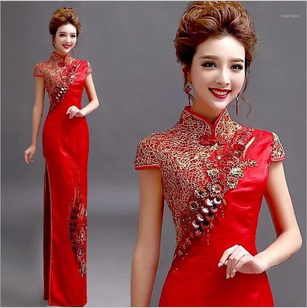 

red plus size 5xl chinese traditional women qipao golden lace embroidery flower vintage cheongsam novelty formal dress ethnic clothing