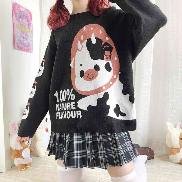 

women's sweaters winter vintage cute knitted sweater women korean black jumper female harajuku kawaii strawberry milk knitwear gir, White;black