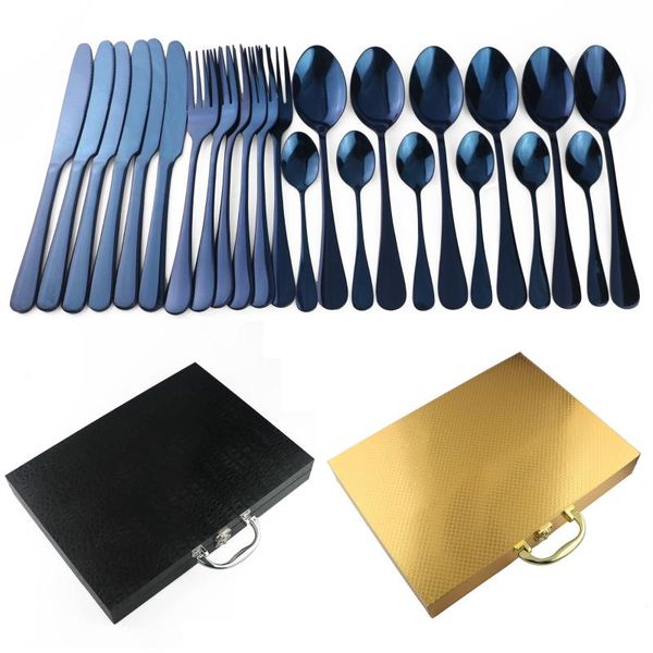 

dinnerware sets 24pcs noble blue stainless steel flatware set cutlery knife forks coffee spoons box black golden silverware