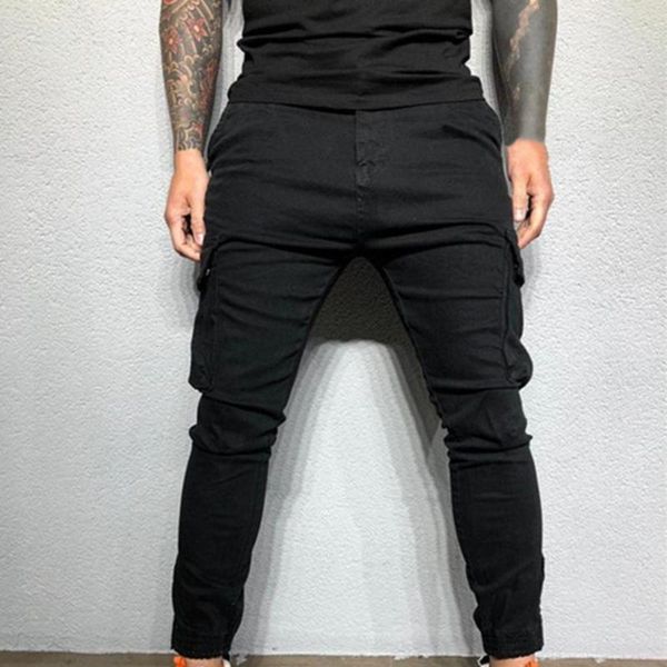 

men's pants cargo pockets tight ankle breathable men trousers, Black