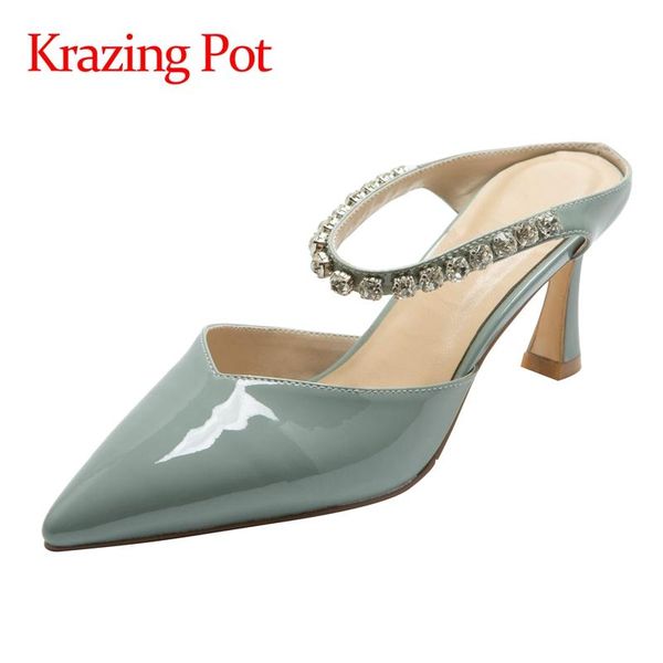 

sandals krazing pot cow patent leather pointed toe med heel diamond shiny dance party energy mules beauty lady slip on women l46, Black