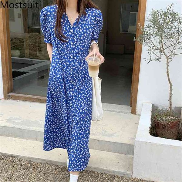 

blue floral printed women long dress summer short sleeve v-neck single breasted midi dresses vintage korean ladies vestidos 210513, Black;gray