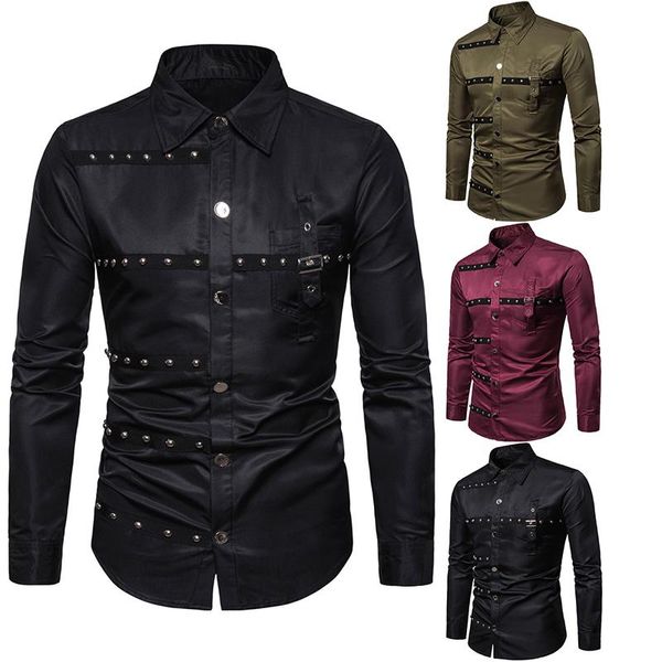 Marca Hip Hop Rebite Camisa Men 2021 Moda Gótico Manga Longa Casual Camisas Algodão Slim Uniforme Estágio Trajes Roupas Masculinas