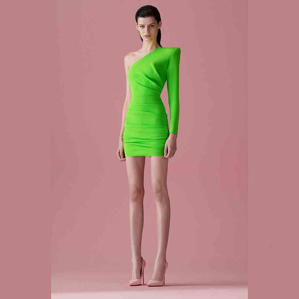 

dress fluorescent green tight one-shoulder long sleeve fashion bandage evening dress, Black;gray
