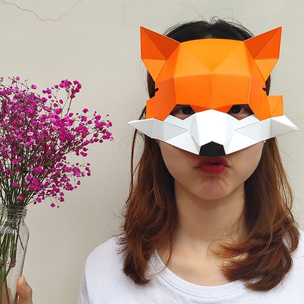 Mascote boneca traje de papel 3D laranja raposa cabeça máscara headgear animal halloween adereços mulher homens festa papel jogo vestir-se máscaras de artesanato diy