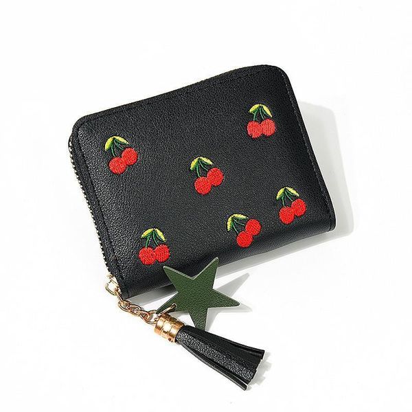 

fashion women wallet small short wallets tassel pu leather cherry embroidered girls coin purse card holders lady mini money bag, Red;black