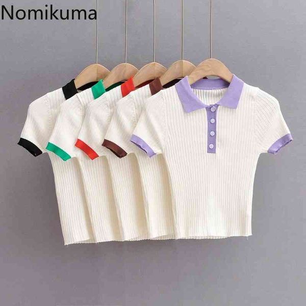 

nomikuma summer hit color knitted graphic tees women short sleeve turn-down collar tshirt slim crop shirts 6h501 210427, White