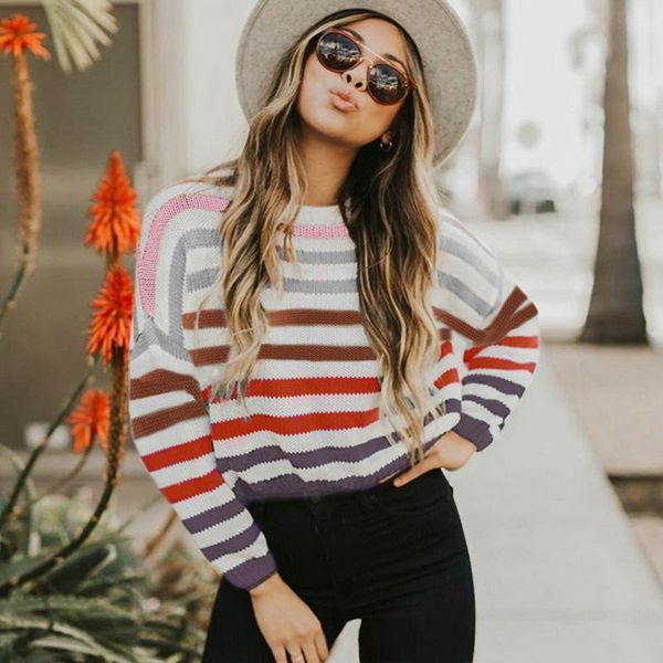 

winter fashion women knitted sweater rainbow stripes o-neck long sleeve casual jumper pullover lady knitwear women's sweaters, White;black