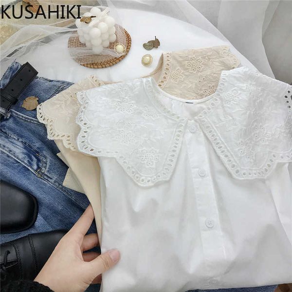 

kusahiki spring women shirt chic embroidery peter pan collar blouse korean sweet long sleeve camisas de mujer 6e683 210602, White