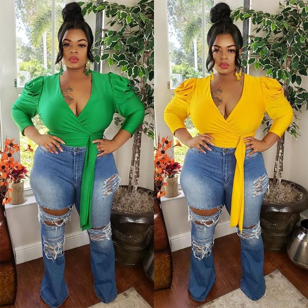 

women's blouses & shirts plus size solid color v-neck streamer shirt blouse woman 2021 clothing for women fashion, White