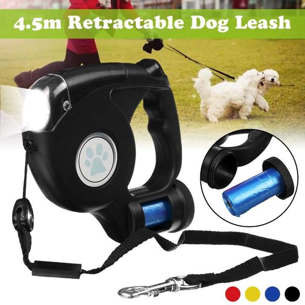 

4.5m led pet dog leash automatic retractable lead rope with garbage bag walking running for dogs collars & leashes