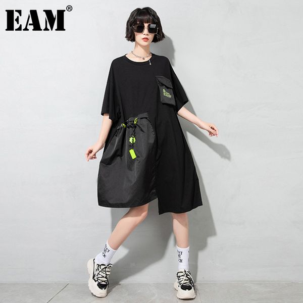 

[eam] women big size irregular spliced pocket chain dress round neck half sleeve loose fashion spring summer 1dd8095 210512, Black;gray