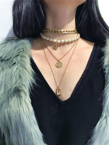

pendant necklaces vintage gold portrait coin for women bohemia fashion multilayer long pearl necklace 2021 jewelry, Silver