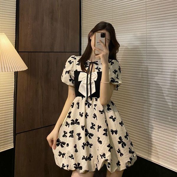 

casual dresses french first love platycodon grandiflorum 2021 summer high-end gentle wind waist thin bow short sleeve dress, Black;gray
