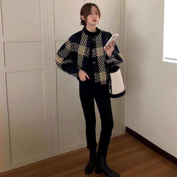 

women's jackets spring and autumn round neck loose large size casual wild long-sleeved retro hit color plaid short jacket women, Black;brown