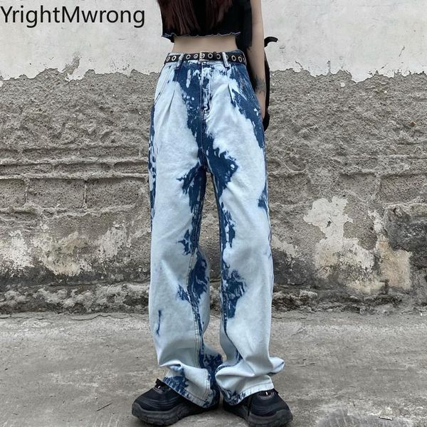 

women's jeans boyfriend streetwear woman man fashion loose straight tie dye contrast colorblock harajuku denim pant slim baggy trouser, Blue